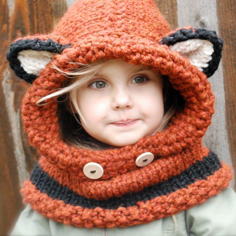 Fox Crocheted Cowl | Cute Animal Hoodies Winter Knit Hat Scarf 2-in-1